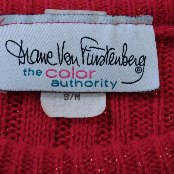 VINTAGE Diane Von Furstenberg Cable Knit Red Metallic Tunic Sweater - Picture 7 of 9